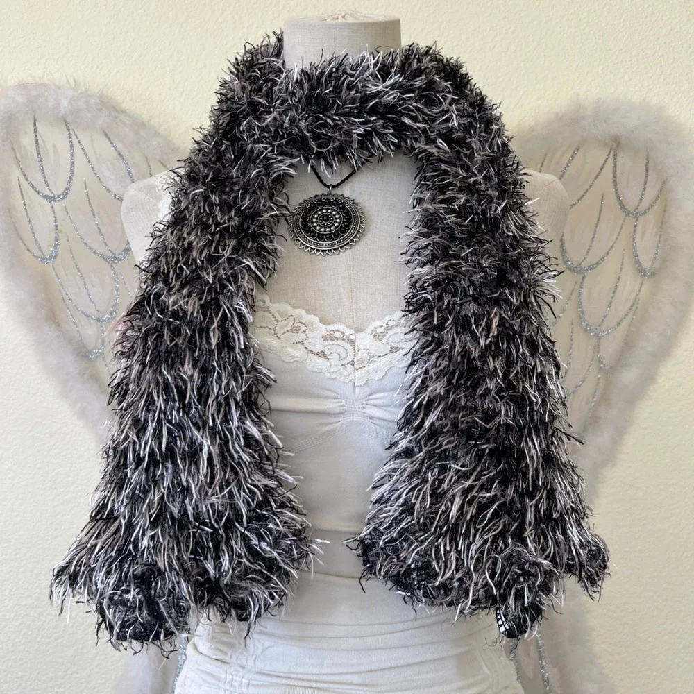Black and White Fuzzy Eyelash Knit Scarf Soft Textured Y2K Rave Soft Girl Grunge